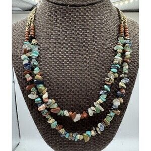Boho Natural Stone Chip Necklace NEW Double Strand Gold Tone Turquoise Jadeite